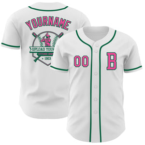 Custom White Pink-Kelly Green Authentic Baseball Jersey