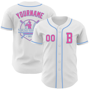 Custom White Pink-Light Blue Authentic Baseball Jersey