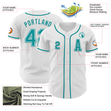 Custom White Teal Authentic Baseball Jersey