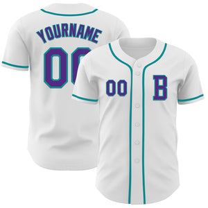 Custom White Purple-Teal Authentic Baseball Jersey