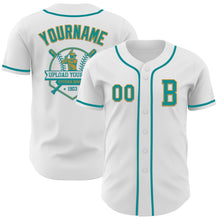 Загрузить изображение в средство просмотра галереи, Custom White Teal-Old Gold Authentic Baseball Jersey
