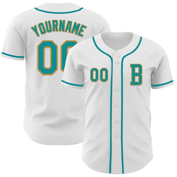 Custom White Teal-Old Gold Authentic Baseball Jersey