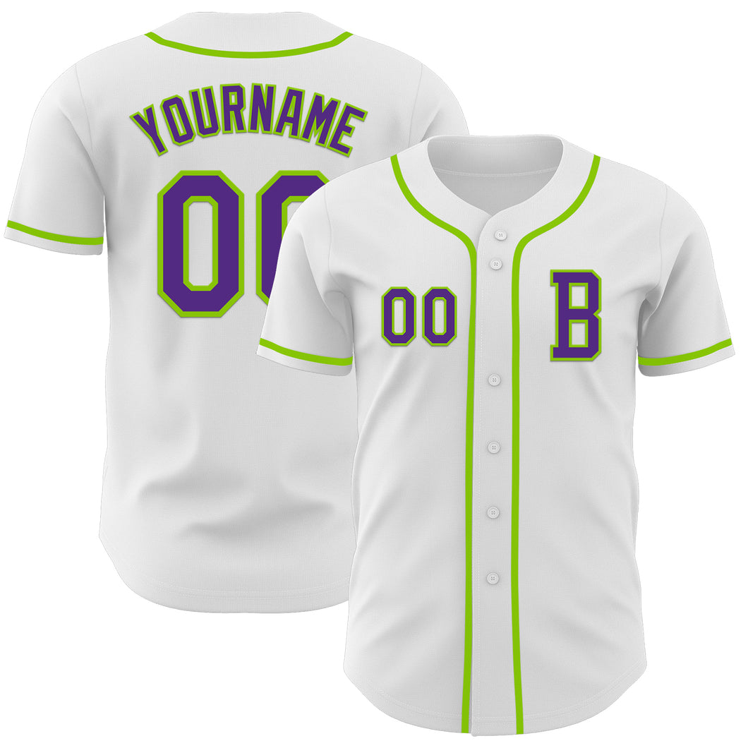 Custom White Purple-Neon Green Authentic Baseball Jersey