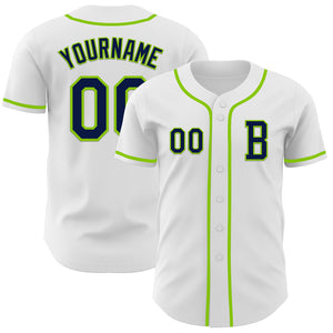 Custom White Navy-Neon Green Authentic Baseball Jersey