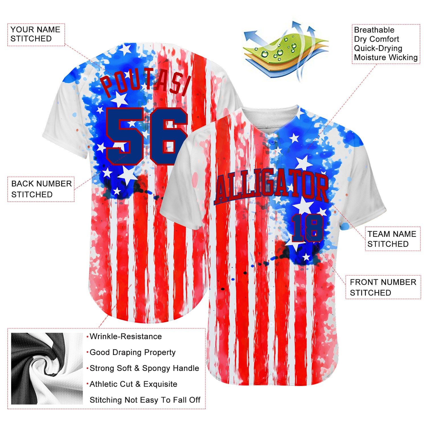 Cheap Custom Tie Dye Royal-Red 3D American Flag Authentic Baseball