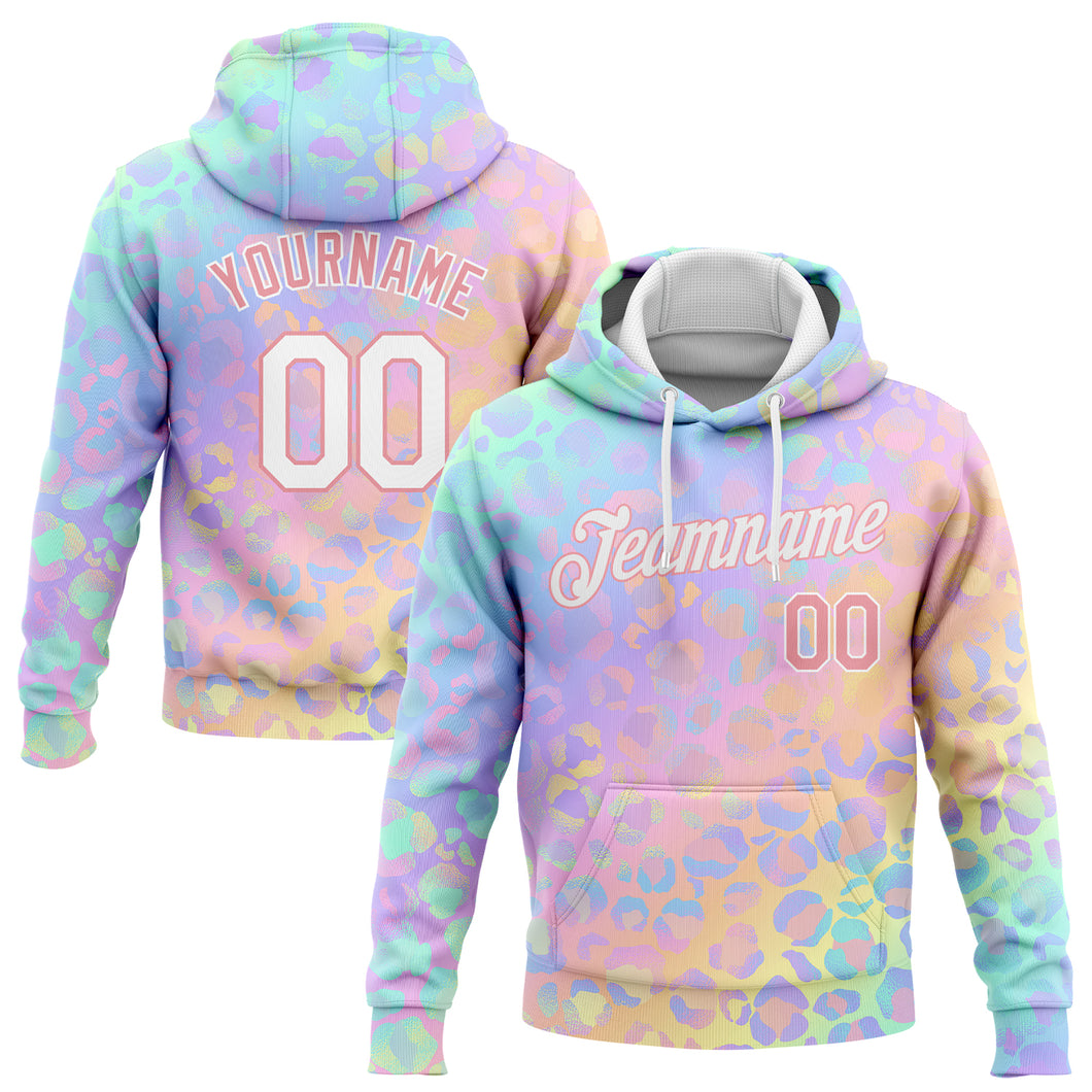 Custom Stitched Light Pink White 3D Pattern Design Leopard Sports Pullover Sweatshirt Hoodie