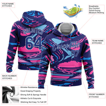 Custom Stitched Figure Royal Pink Light Blue-White 3D Pattern Design Sports Pullover Sweatshirt Hoodie