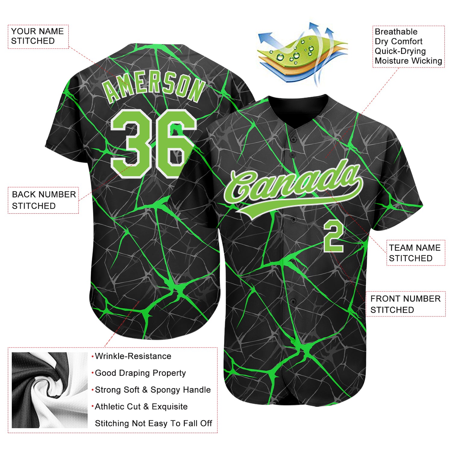 Custom Black Black-Neon Green Authentic Baseball Jersey Discount