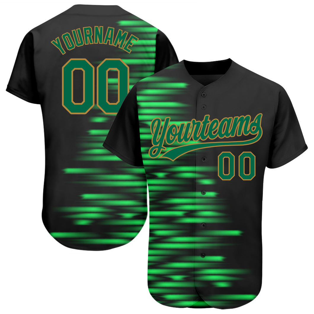 Custom Black Kelly Green-Old Gold 3D Pattern Design Authentic Baseball Jersey