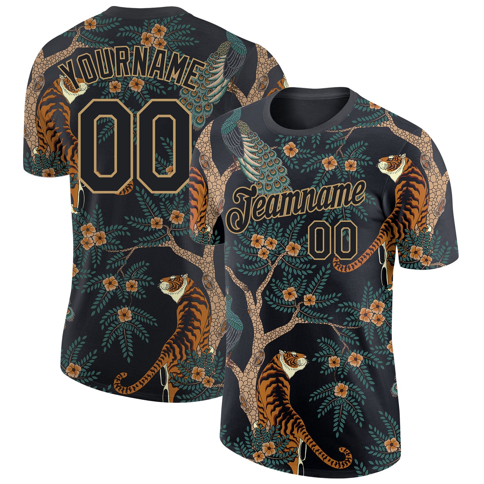 Custom Black Old Gold Tiger And Peacock Sublimation Soccer Uniform Jersey