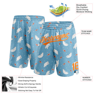 Custom Light Blue Bay Orange-White 3D Pattern Polar Bear And Fish Authentic Basketball Shorts