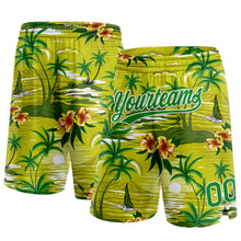 Загрузить изображение в средство просмотра галереи, Custom Neon Green Grass Green-White 3D Pattern Tropical Hawaii Palm Trees Authentic Basketball Shorts
