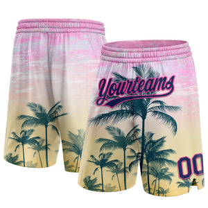 Custom Pink Navy 3D Pattern Hawaii Palm Trees Authentic Basketball Shorts