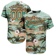 Charger l&#39;image dans la galerie, Custom Aqua Old Gold-Black 3D Pattern Design Hawaii Palm Trees And Flowers Authentic Baseball Jersey
