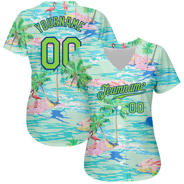 Custom Lakes Blue Neon Green-Royal 3D Pattern Design Beach Hawaii Palm Trees And Flamingo Authentic Baseball Jersey