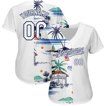 Laden Sie das Bild in den Galerie-Viewer, Custom White Navy 3D Pattern Design Hawaii Palm Trees Island And Sailboat Authentic Baseball Jersey
