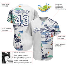 Laden Sie das Bild in den Galerie-Viewer, Custom White Navy 3D Pattern Design Hawaii Palm Trees Island And Sailboat Authentic Baseball Jersey
