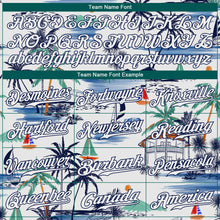 Laden Sie das Bild in den Galerie-Viewer, Custom White Navy 3D Pattern Design Hawaii Palm Trees Island And Sailboat Authentic Baseball Jersey
