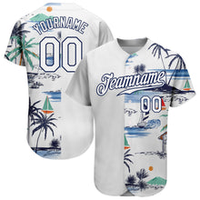 Load image into Gallery viewer, Custom White Navy 3D Pattern Design Hawaii Palm Trees Island And Sailboat Authentic Baseball Jersey
