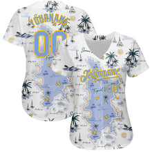 Laden Sie das Bild in den Galerie-Viewer, Custom White Light Blue-Yellow 3D Pattern Design Beach Hawaii Palm Trees And Island Authentic Baseball Jersey
