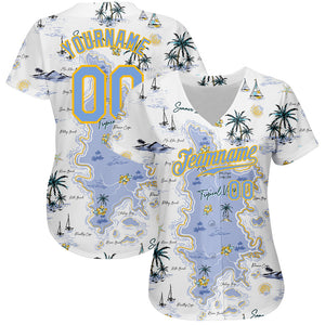 Custom White Light Blue-Yellow 3D Pattern Design Beach Hawaii Palm Trees And Island Authentic Baseball Jersey