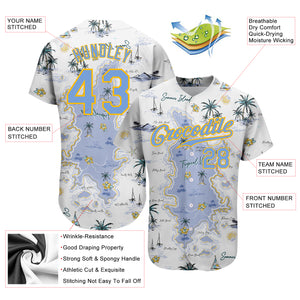 Custom White Light Blue-Yellow 3D Pattern Design Beach Hawaii Palm Trees And Island Authentic Baseball Jersey