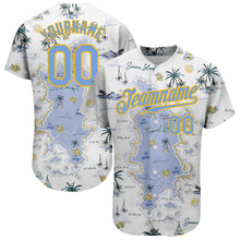 Laden Sie das Bild in den Galerie-Viewer, Custom White Light Blue-Yellow 3D Pattern Design Beach Hawaii Palm Trees And Island Authentic Baseball Jersey
