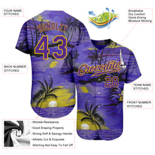 Загрузить изображение в средство просмотра галереи, Custom Purple Yellow 3D Pattern Design Sun Beach Hawaii Palm Trees Authentic Baseball Jersey
