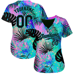 Custom Teal Black 3D Pattern Design Hawaii Palm Leaves Authentic Baseball Jersey