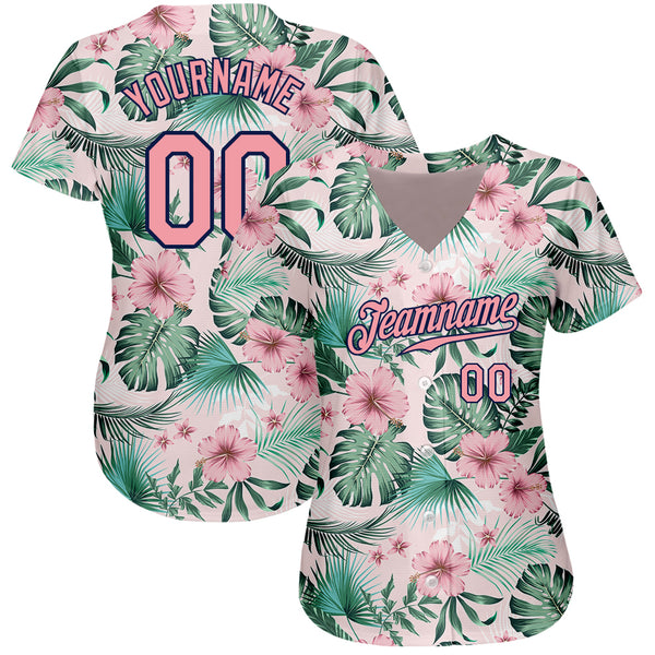 Custom Cream Red 3D Pattern Design Hawaii Palm Leaves and Flowers Authentic Baseball Jersey Women's Size:L