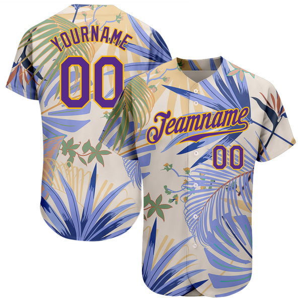 Custom White Powder Blue-Gold 3D Pattern Design Hawaii Palm Leaves and Flowers Authentic Baseball Jersey Men's Size:3XL