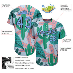 Custom Sky Blue Light Blue-Black 3D Pattern Design Cactus And Leaves Authentic Baseball Jersey