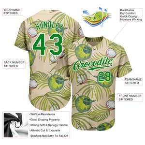 Custom Cream Grass Green-White 3D Pattern Design Coconuts And Leaves Authentic Baseball Jersey