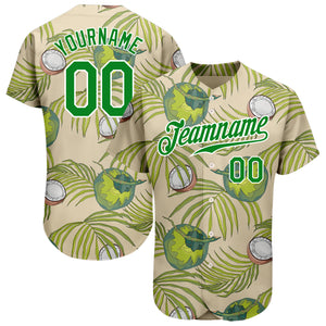 Custom Cream Grass Green-White 3D Pattern Design Coconuts And Leaves Authentic Baseball Jersey