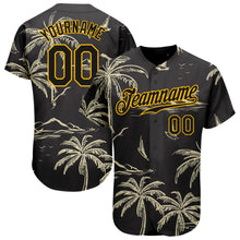 Загрузить изображение в средство просмотра галереи, Custom Black Gold 3D Pattern Design Hawaii Palm Trees Island And Sailboat Authentic Baseball Jersey
