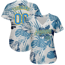 Load image into Gallery viewer, Custom White Electric Blue-Gold 3D Pattern Design Hawaii Palm Leaves And Flowers Authentic Baseball Jersey
