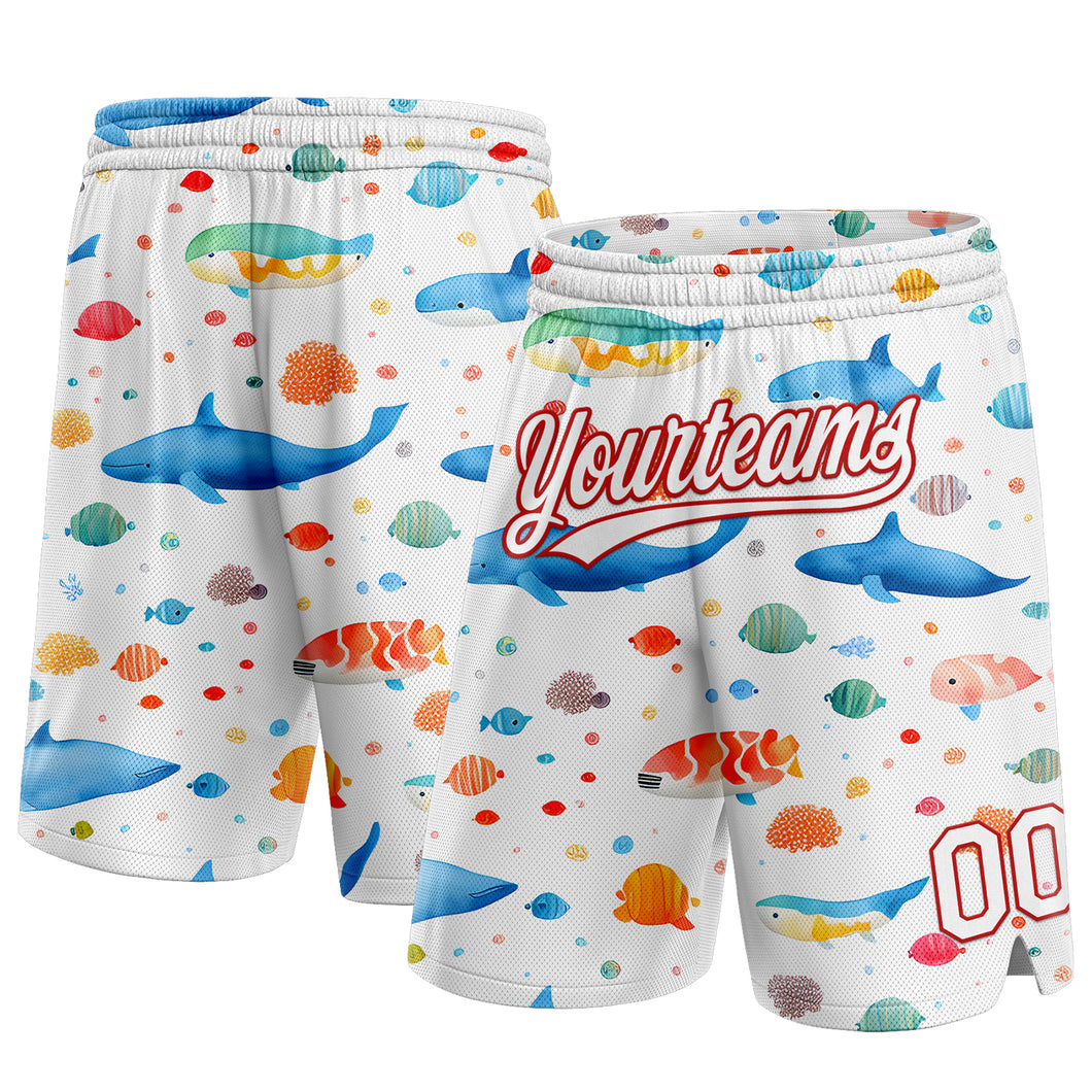 Custom White Red 3D Pattern Whale And Fish Authentic Basketball Shorts