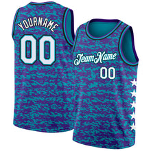 Laden Sie das Bild in den Galerie-Viewer, Custom Teal White Purple-Black Authentic City Edition Basketball Jersey
