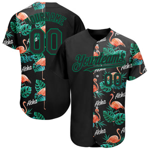 Custom Black Kelly Green 3D Pattern Design Hawaii Flamingos And Leaves Authentic Baseball Jersey