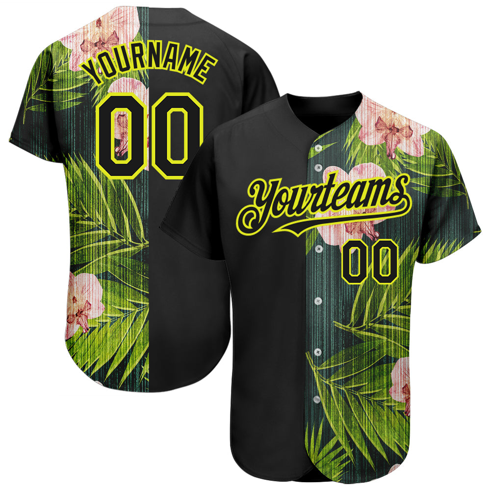 Custom White Neon Green-Black 3D Pattern Design Hawaii Palm Leaves and Lions Authentic Baseball Jersey Men's Size:3XL