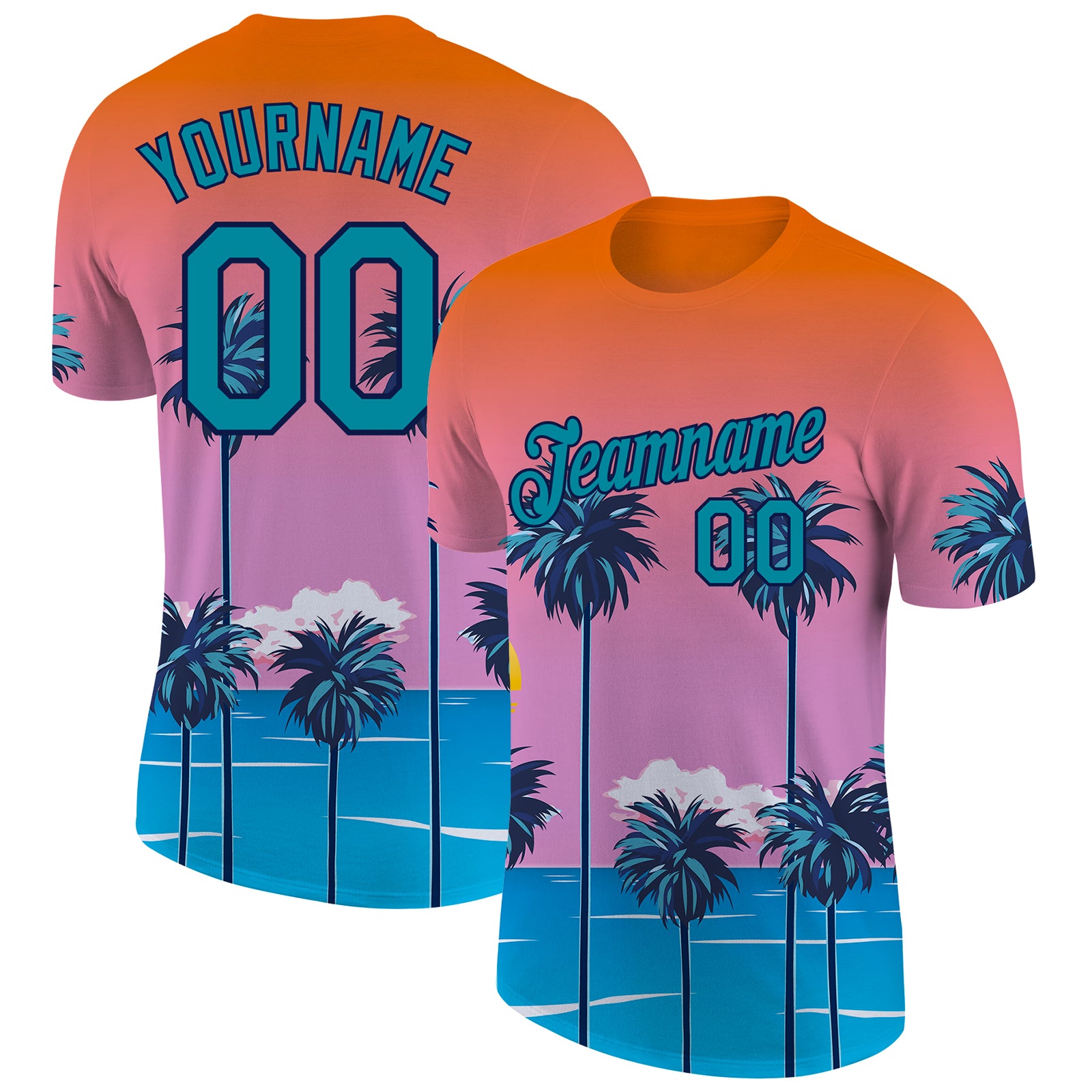 Cheap Custom Orange Teal-Navy 3D Pattern Design Sun Beach Hawaii Palm Trees Performance  T-Shirt Free Shipping – CustomJerseysPro