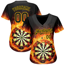 Load image into Gallery viewer, Custom Black Gold 3D Pattern Design Flame Dart Board Authentic Baseball Jersey
