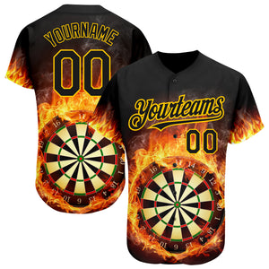 Custom Black Gold 3D Pattern Design Flame Dart Board Authentic Baseball Jersey