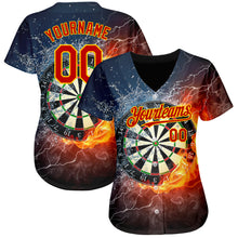 Laden Sie das Bild in den Galerie-Viewer, Custom Black Red-Gold 3D Pattern Design Flame Dart Board Authentic Baseball Jersey
