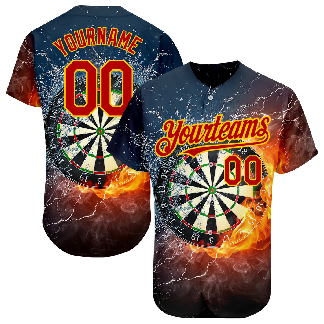 Custom Black Red-Gold 3D Pattern Design Flame Dart Board Authentic Baseball Jersey