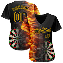 Load image into Gallery viewer, Custom Black Gold 3D Pattern Design Fiery Dart Board Authentic Baseball Jersey
