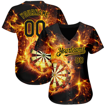 Custom Black Gold 3D Pattern Design Flame Dart Board Authentic Baseball Jersey