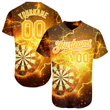 Load image into Gallery viewer, Custom Black Gold-White 3D Pattern Design Lightning Flame Dart Board Authentic Baseball Jersey
