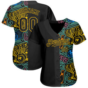 Custom Black Gold 3D Pattern Design Bowling Authentic Baseball Jersey