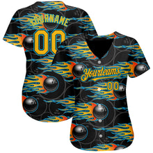 Загрузить изображение в средство просмотра галереи, Custom Black Gold-Lakes Blue 3D Pattern Design Bowling Ball With Hotrod Flame Authentic Baseball Jersey
